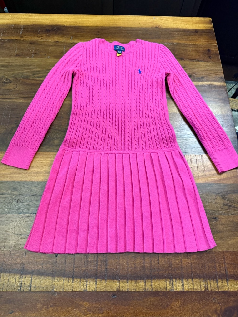 Polo Ralph Lauren Girls M 8-10 Pink Cable Knit Pleated Sweater Dress Pony